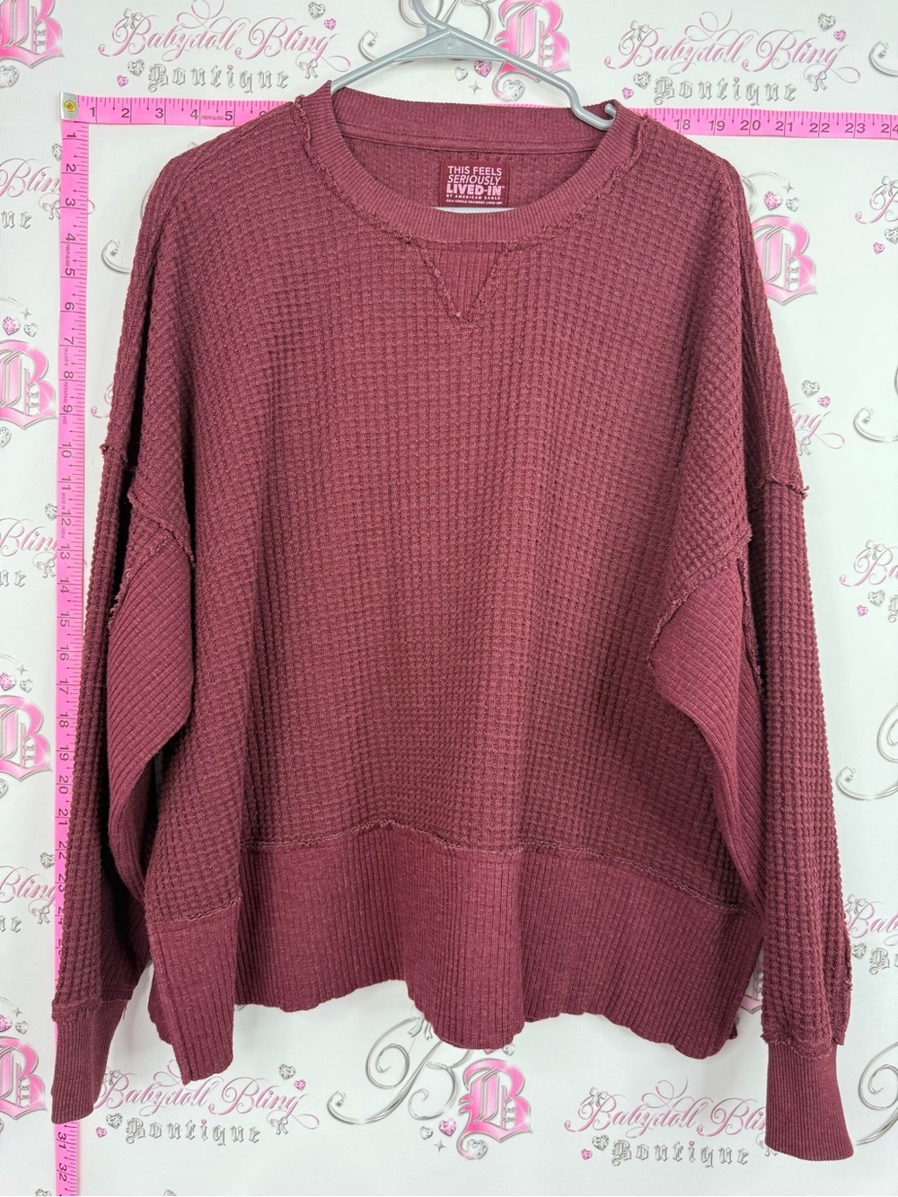 American Eagle Outfitters Waffle-Knit Long Sleeve Pullover - Dusty Mauve